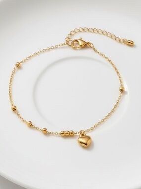 18k Gold Plated Heart Charm Beaded Chain Anklet Bracelet.